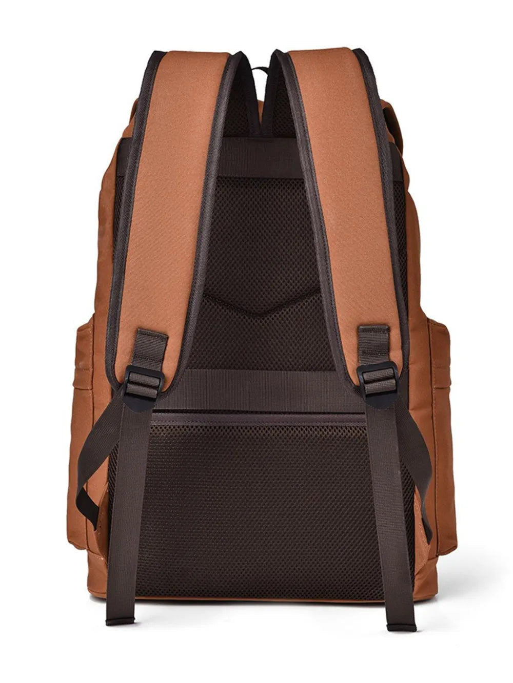Back view of a brown backpack made with canvas material, against a white background. The backpack has back padding in coffee-brown. 