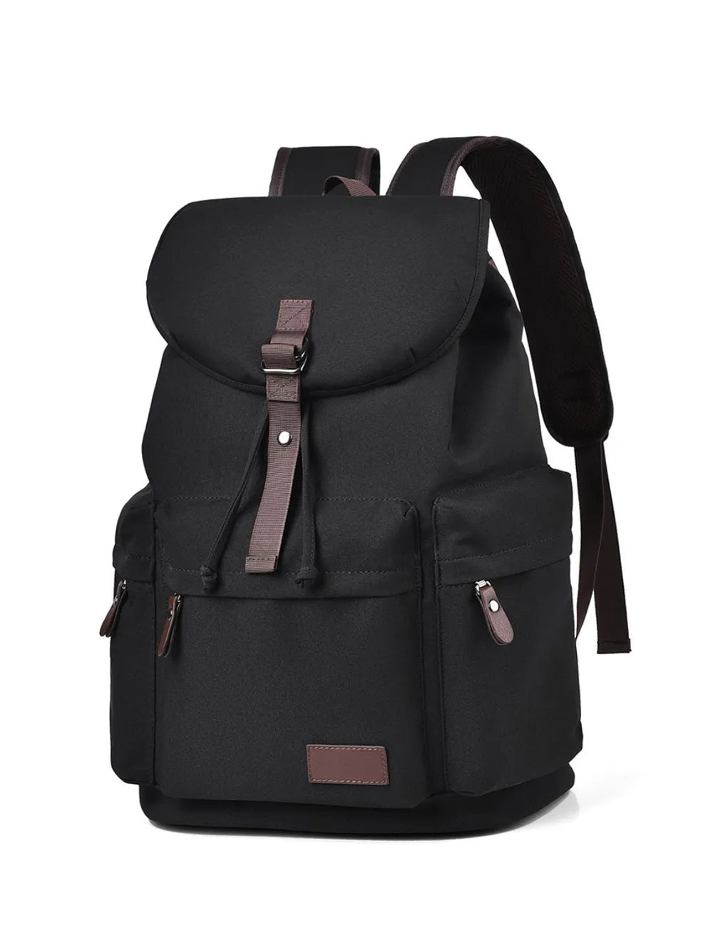 Front view of a black backpack made with canvas material. There are two lower side pockets, one on either side, and another pocket on the front. There is a large flap on the top and front, covering the main compartment of the bag. Zip tags and trimmings are coffee brown.