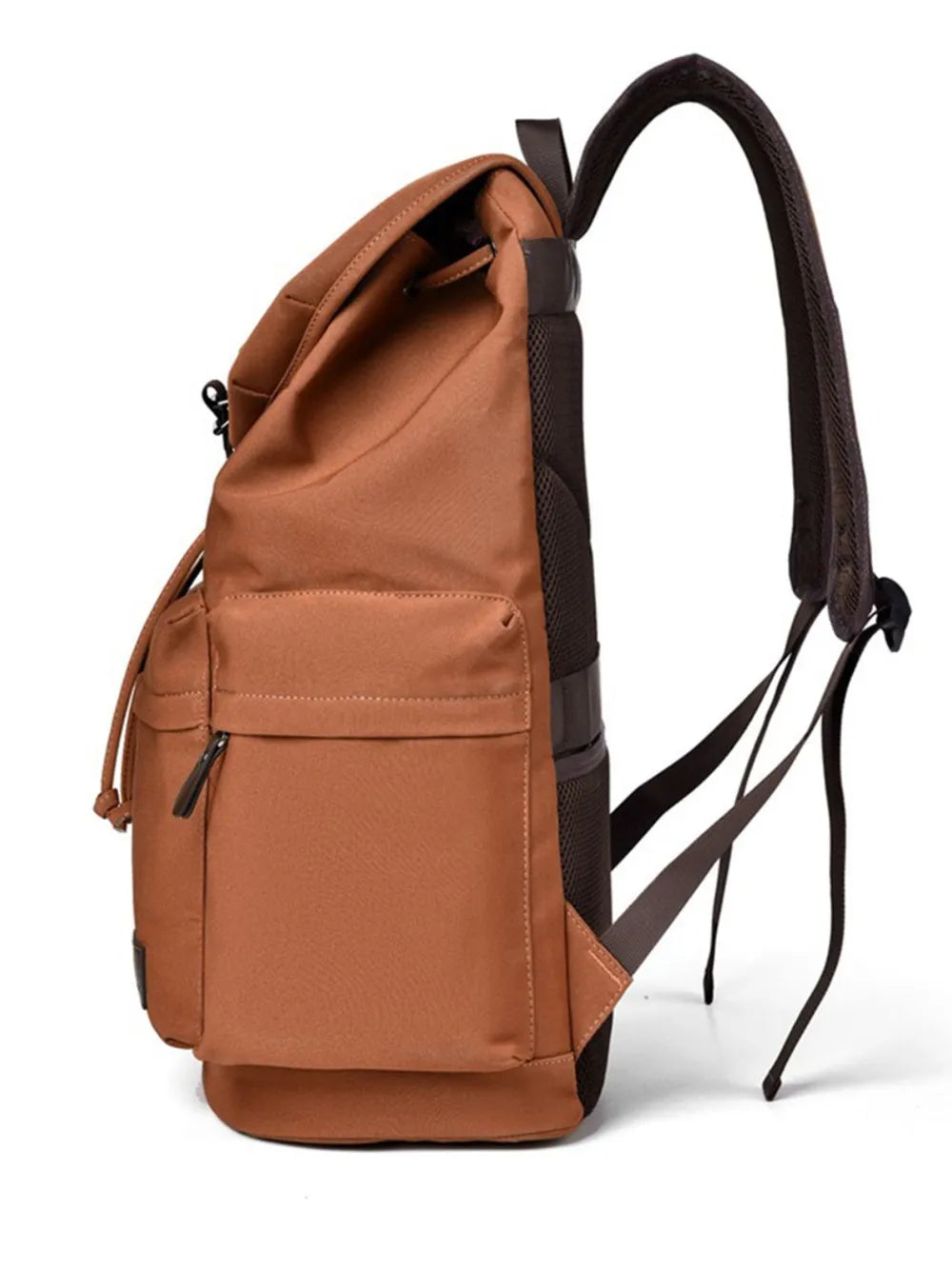 Side view of a brown backpack made with canvas material, against a white background. 