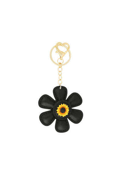 Floral charm, PU Leather, Black with a gold chain and clasp